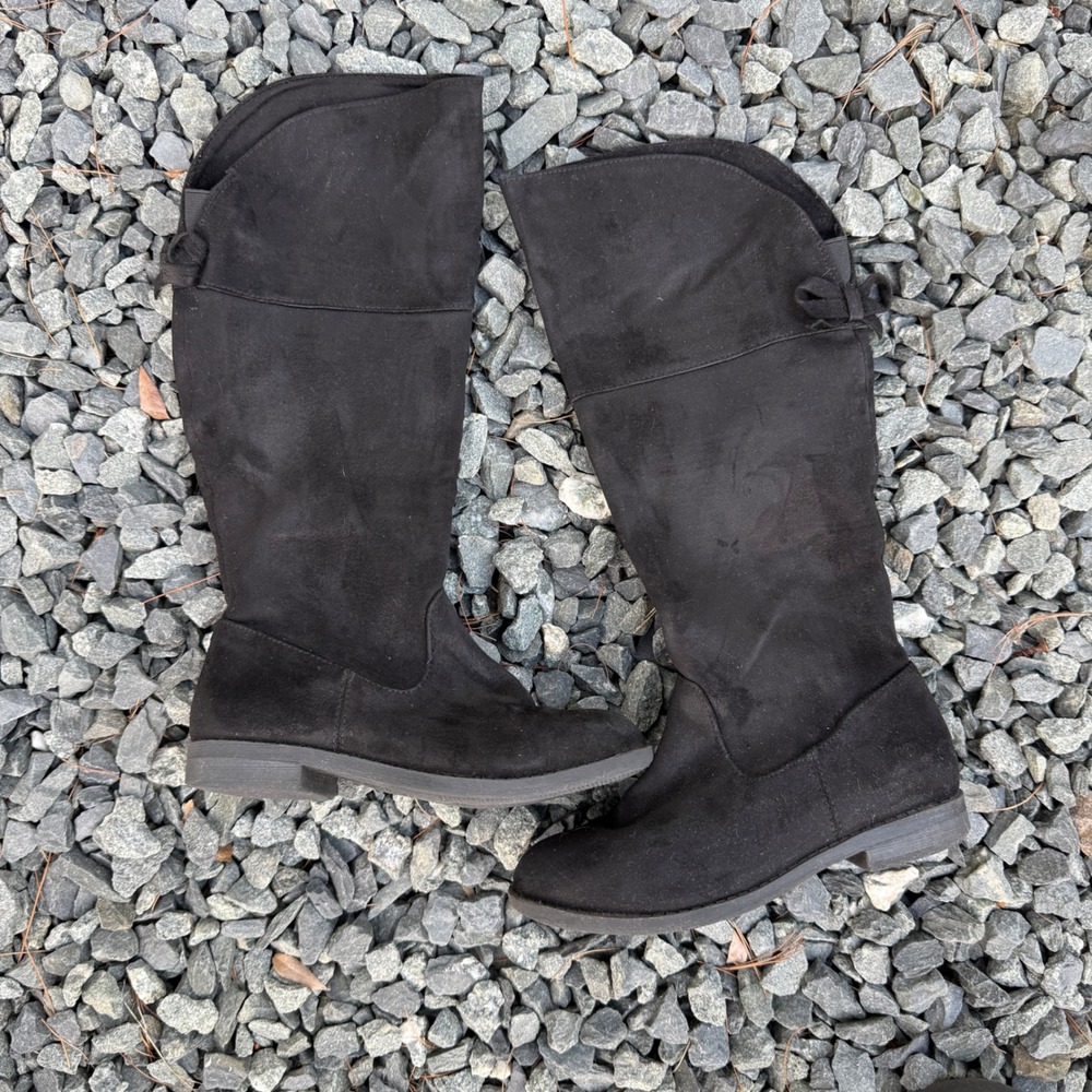 Cat & Jack Girls Black Faux Suede Tall Knee High Boots with Bow Size 13